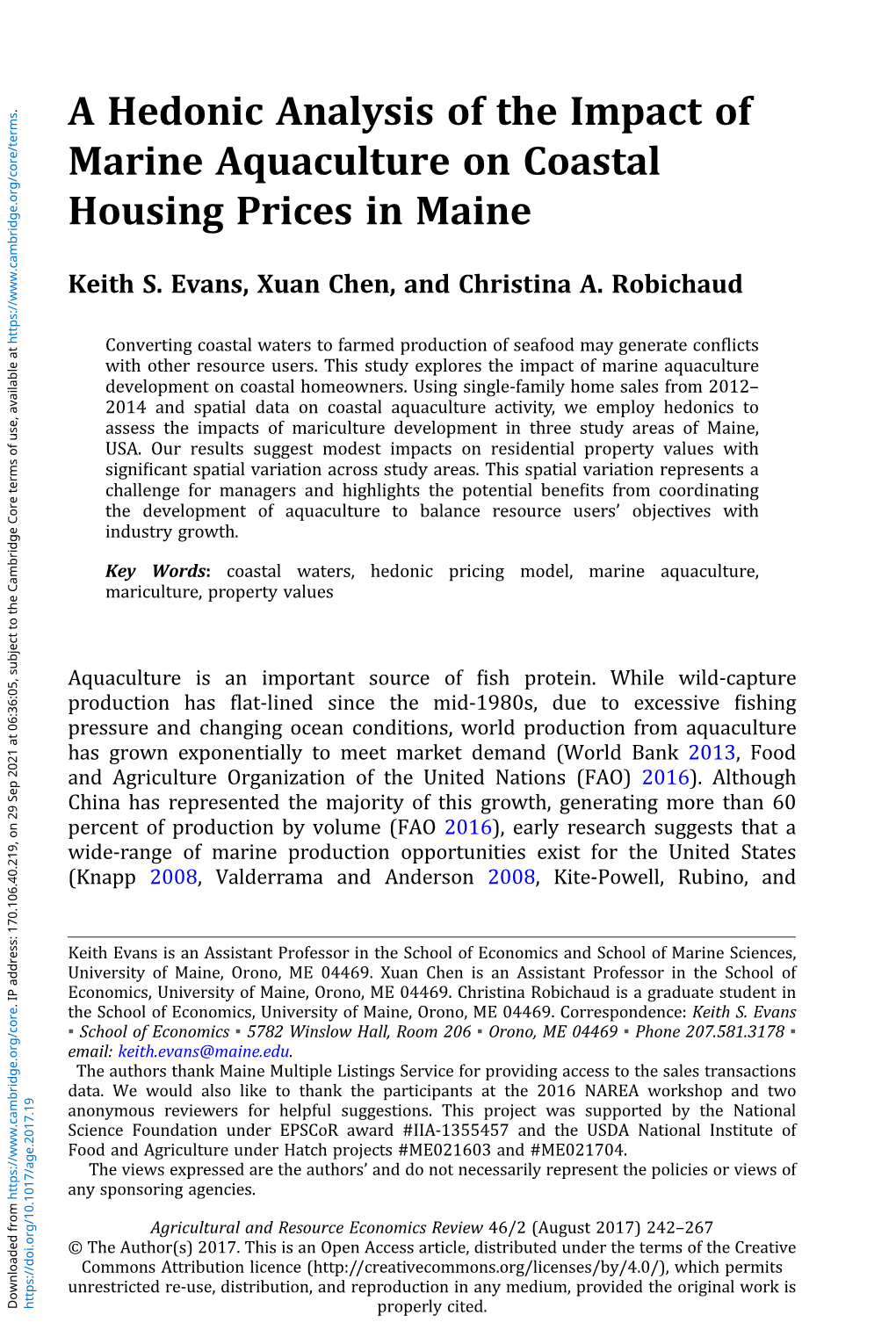 A Hedonic Analysis of the Impact of Marine Aquaculture on Coastal Housing Prices in Maine