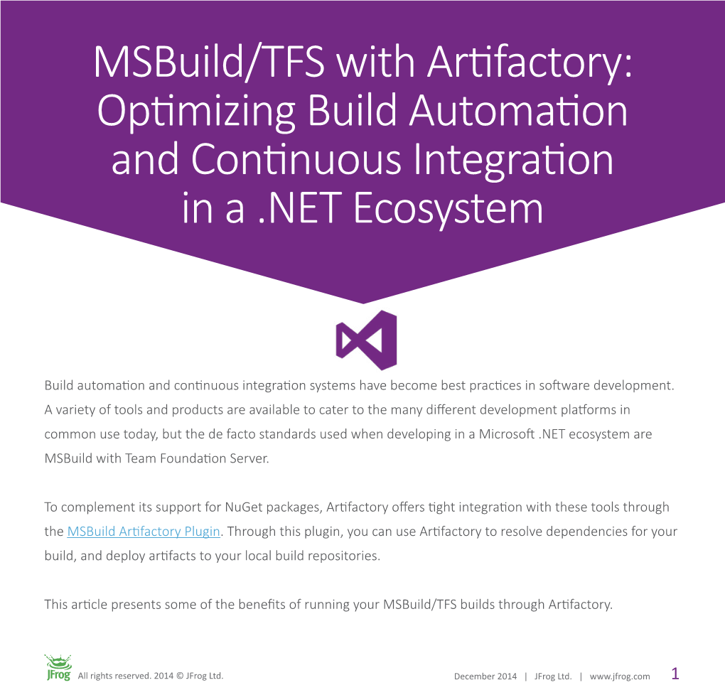 Msbuild/TFS with Artifactory: Optimizing Build Automation and Continuous Integration in a .NET Ecosystem
