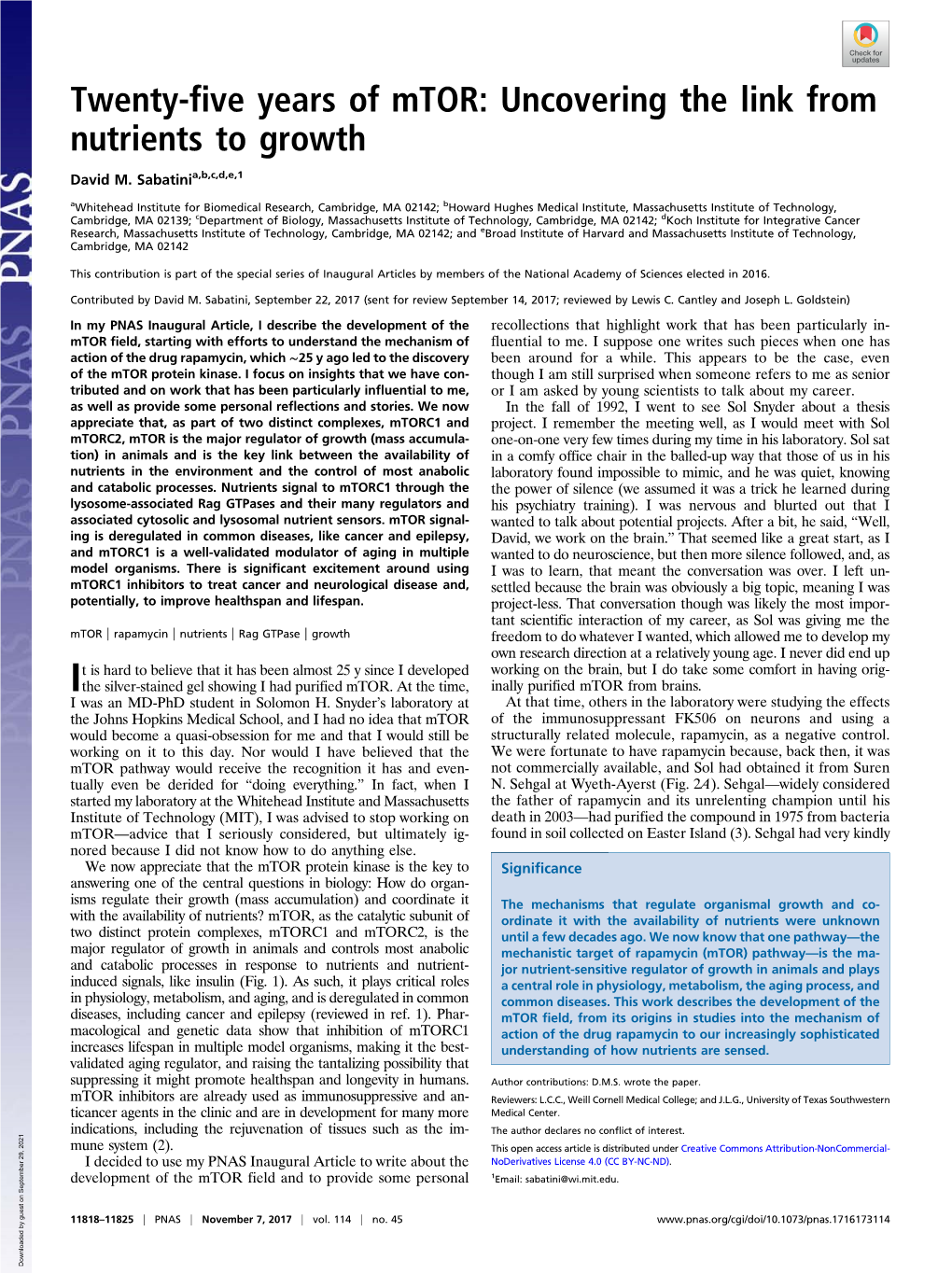 Twenty-Five Years of Mtor: Uncovering the Link from Nutrients to Growth