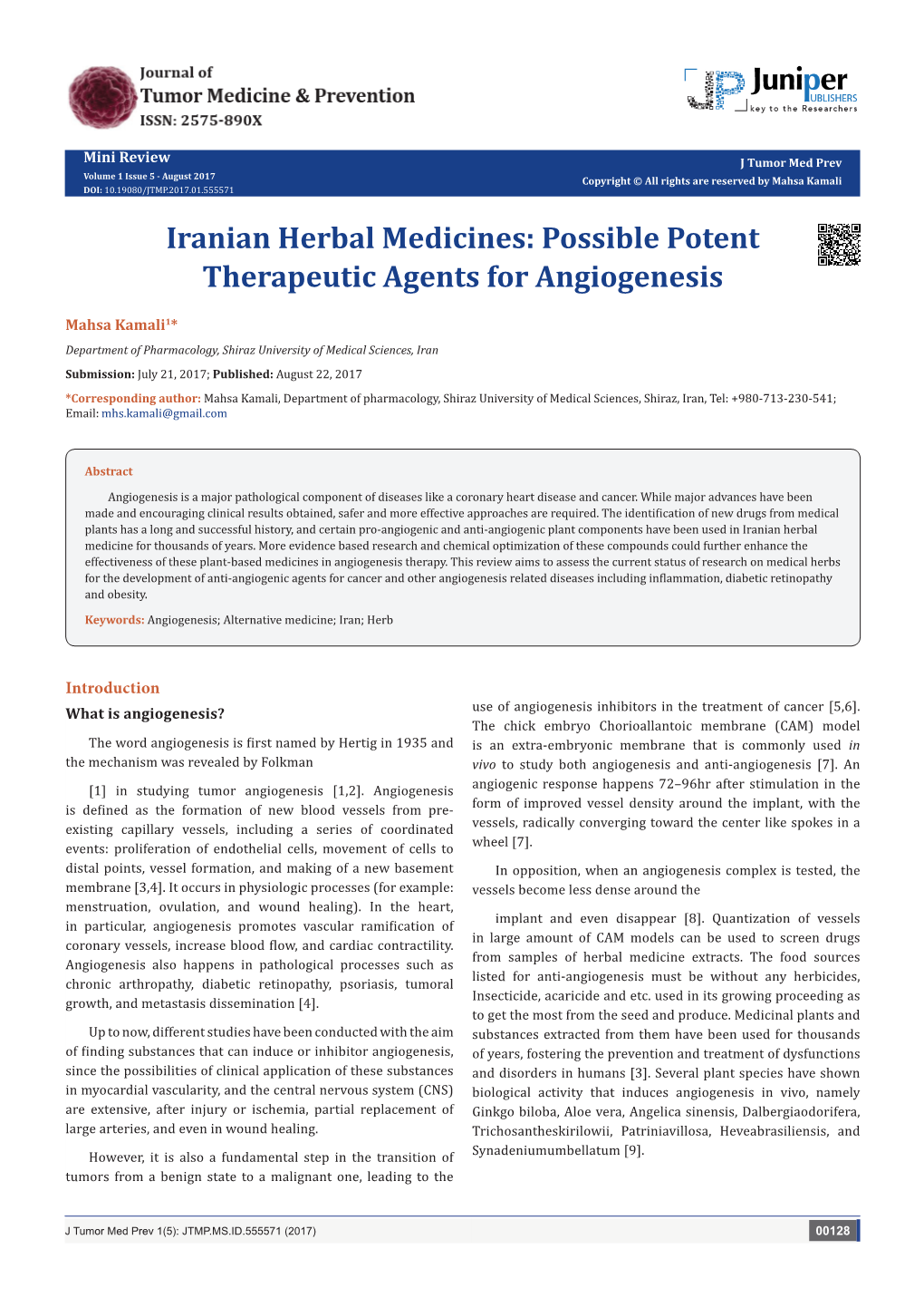 Iranian Herbal Medicines: Possible Potent Therapeutic Agents for Angiogenesis