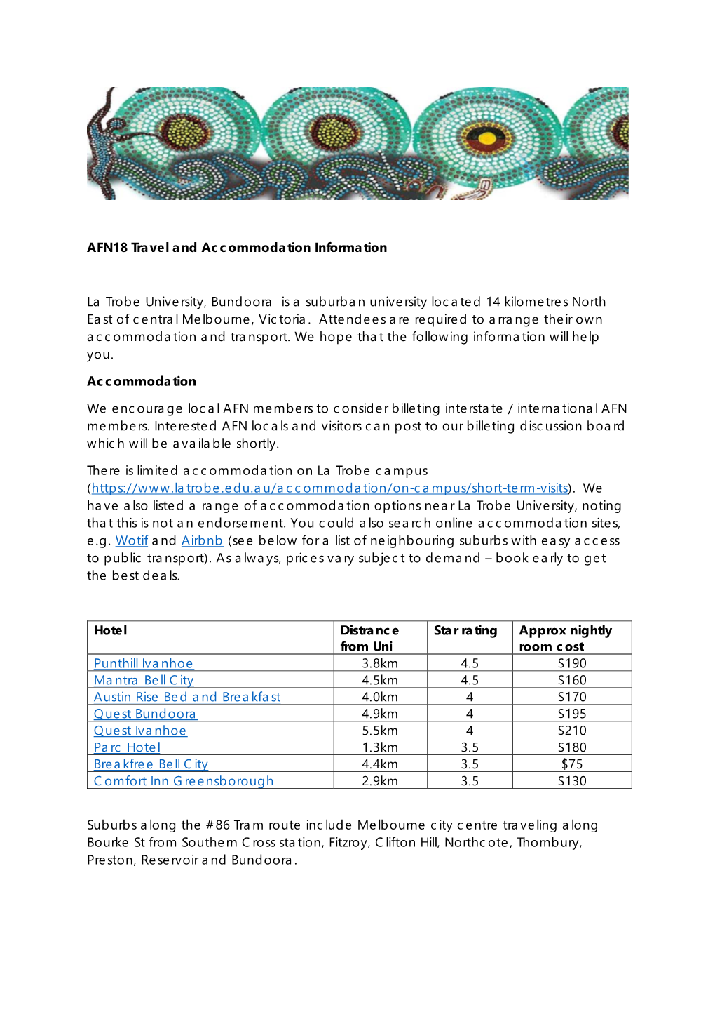 AFN18 Travel and Accommodation Information La Trobe University, Bundoora Is a Suburban University Located 14 Kilometres North E