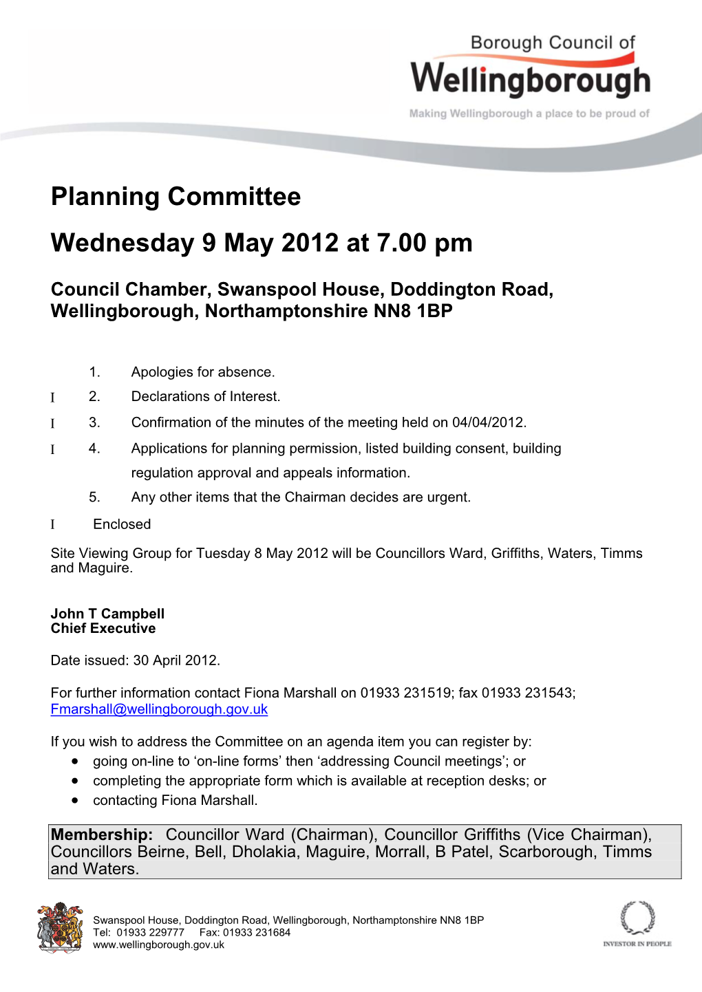 Planning Committee Wednesday 9 May 2012 at 7.00 Pm