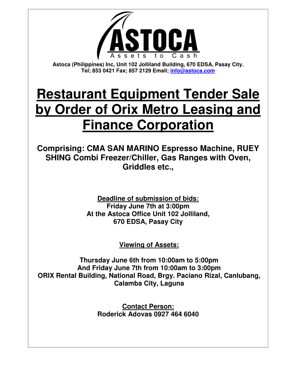 Restaurant Equipment Tender Sale by Order of Orix Metro Leasing and Finance Corporation