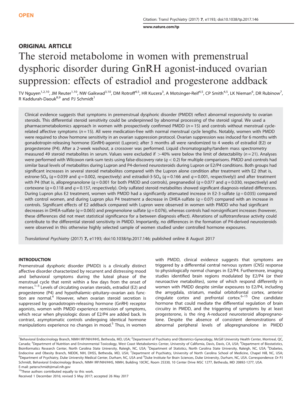 The Steroid Metabolome in Women with Premenstrual Dysphoric Disorder During Gnrh Agonist-Induced Ovarian Suppression: Effects of Estradiol and Progesterone Addback