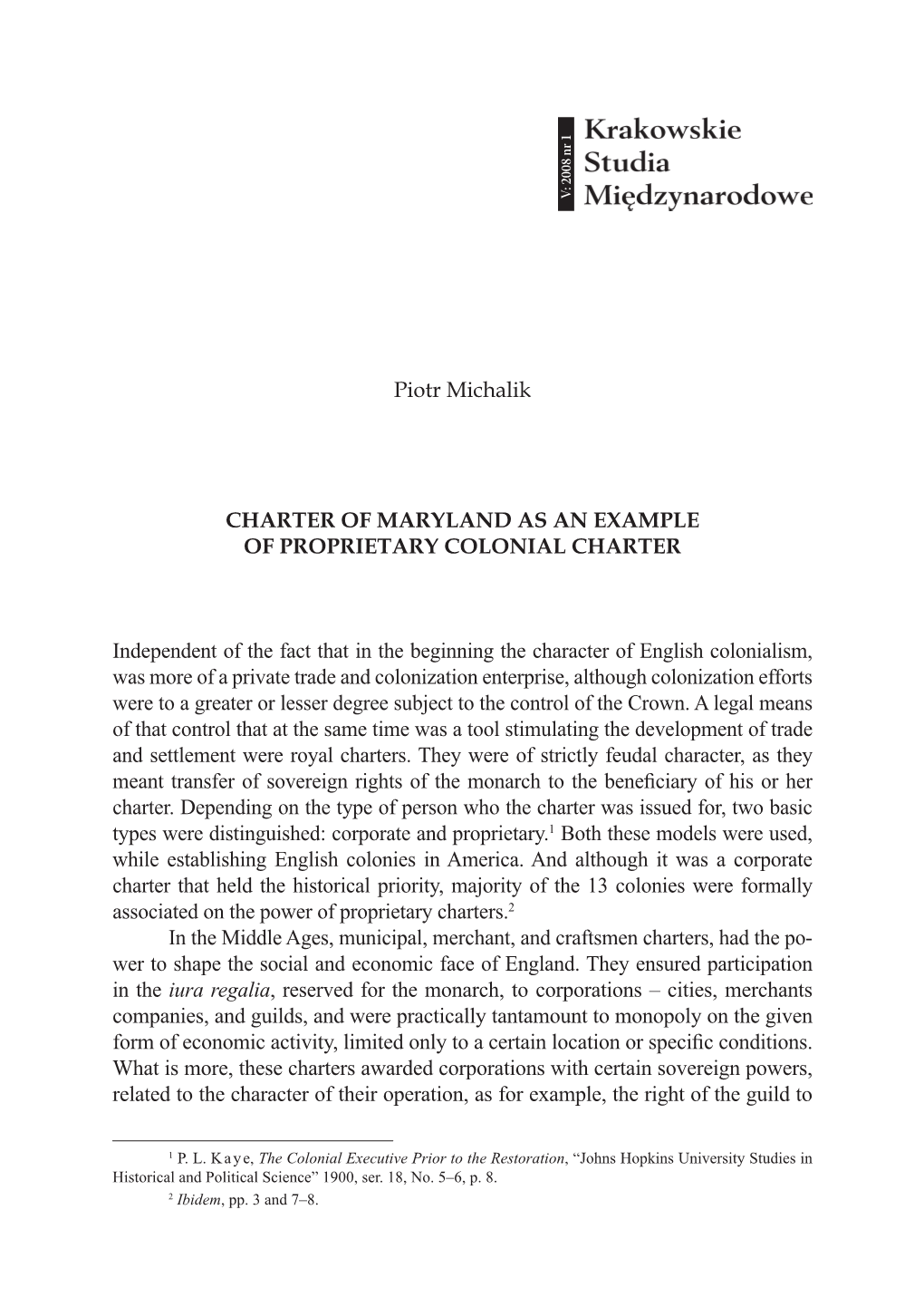 Charter of Maryland As an Example of Proprietary Colonial Charter