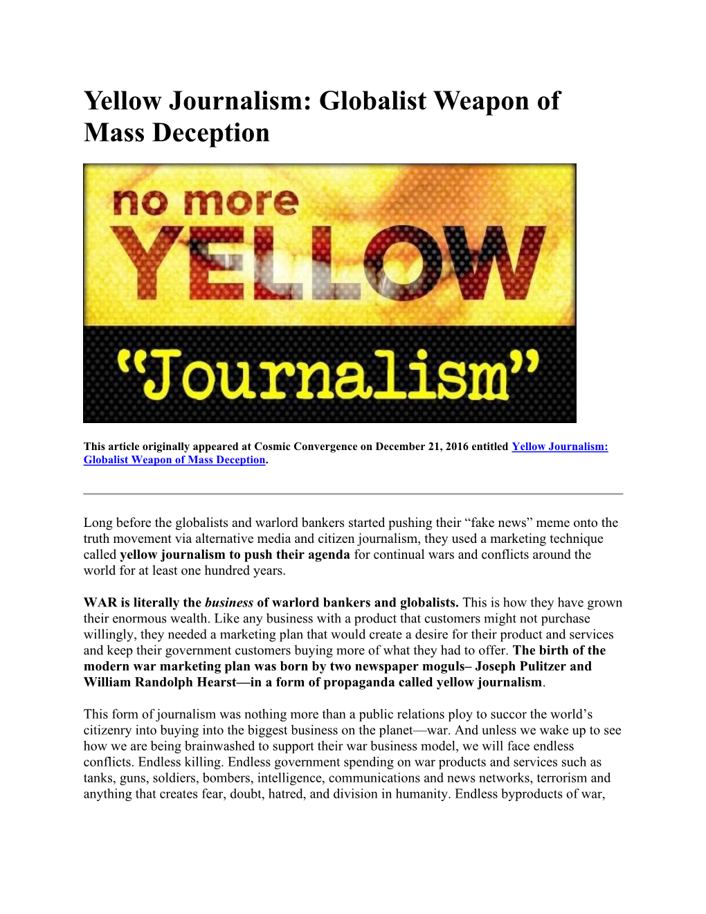 Yellow Journalism: Globalist Weapon of Mass Deception