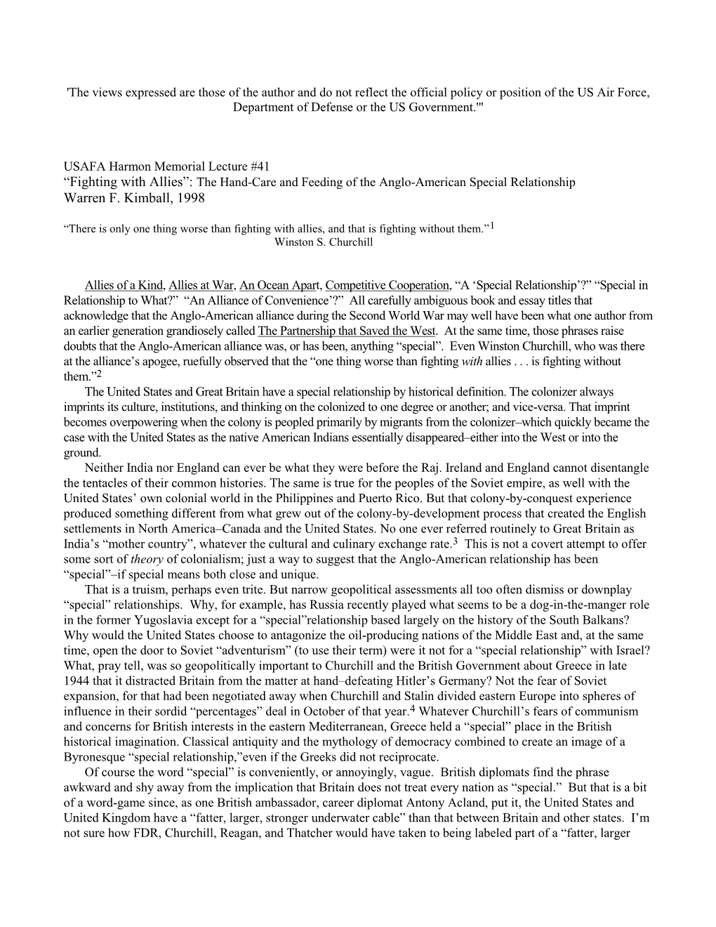 41, Fighting with Allies: the Hand-Care and Feeding of the Anglo-American Special Relationship., Warren