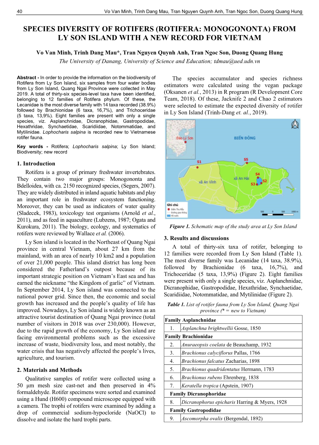 Species Diversity of Rotifers (Rotifera: Monogononta) from Ly Son Island with a New Record for Vietnam