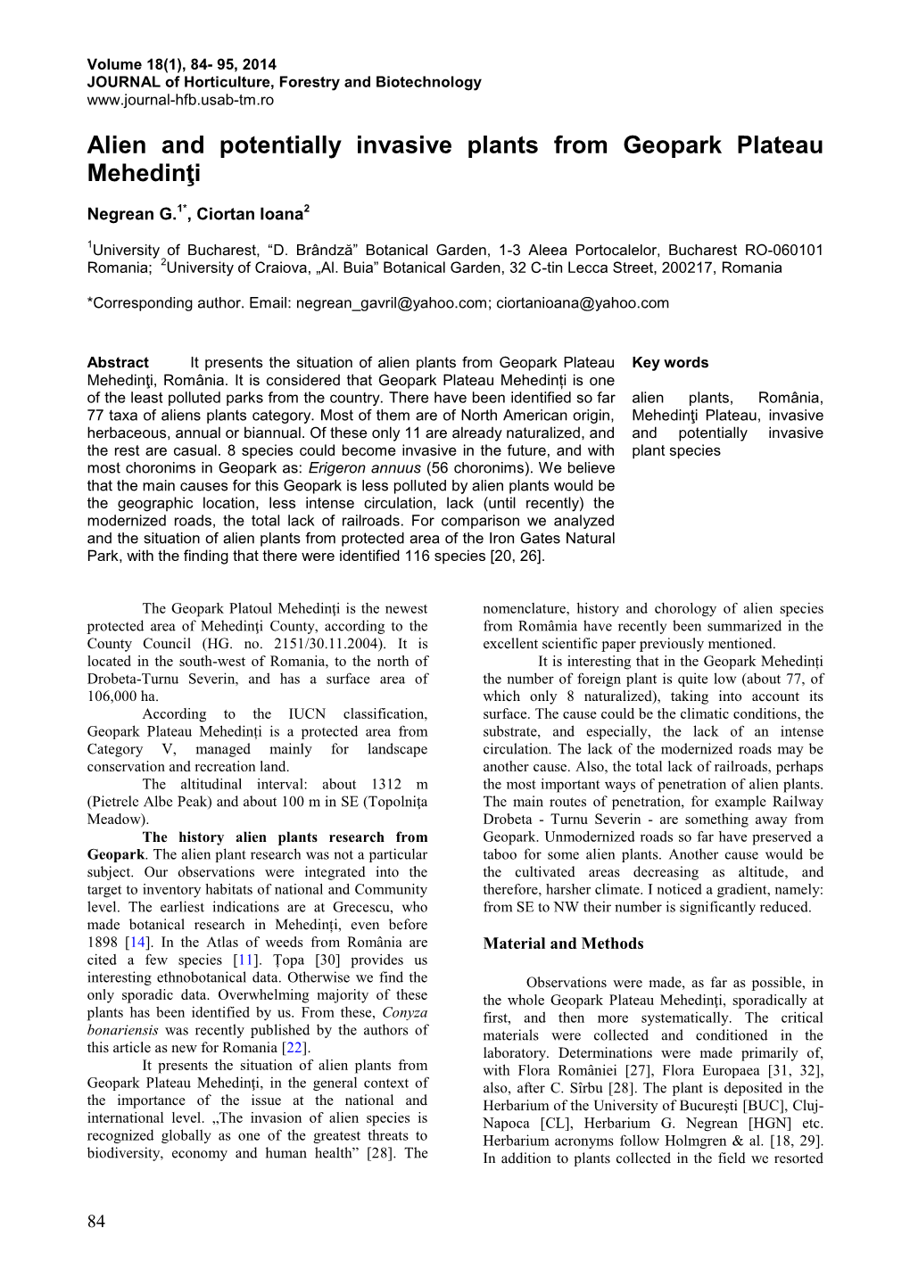 Alien and Potentially Invasive Plants from Geopark Plateau Mehedinţi