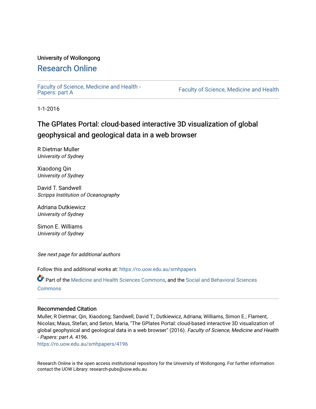 The Gplates Portal: Cloud-Based Interactive 3D Visualization of Global Geophysical and Geological Data in a Web Browser