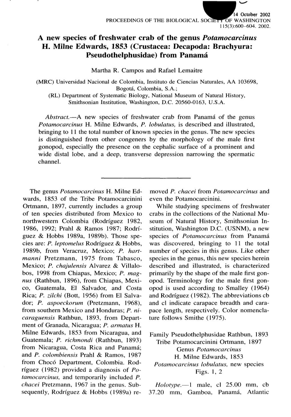 A New Species of Freshwater Crab of the Genus Potamocarcinus H. Milne Edwards, 1853 (Crustacea: Decapoda: Brachyura: Pseudothelphusidae) from Panama