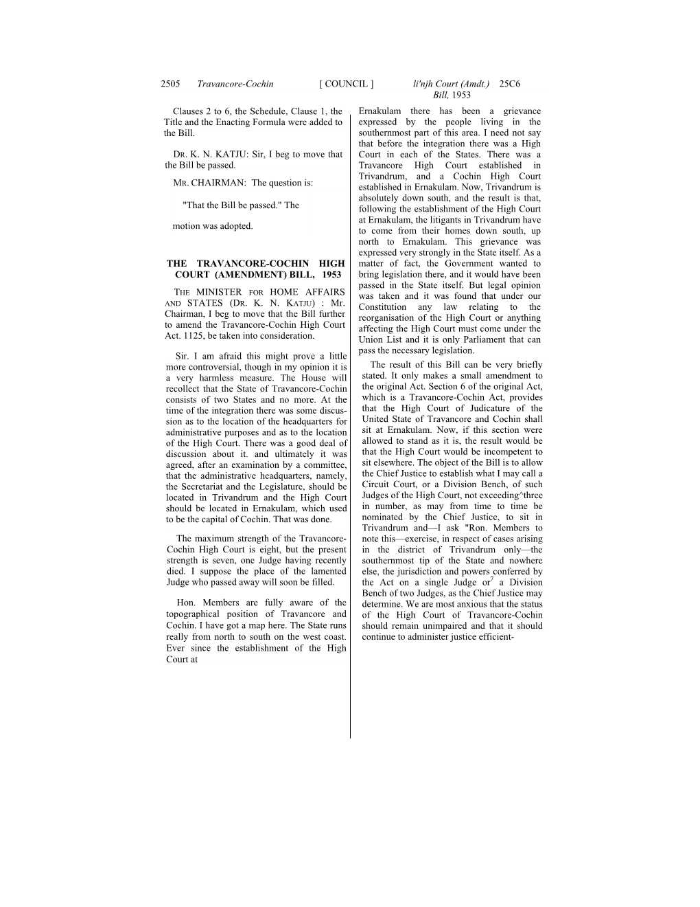 2505 Travancore-Cochin [ COUNCIL ] Li'njh Court (Amdt.) 25C6 Bill, 1953