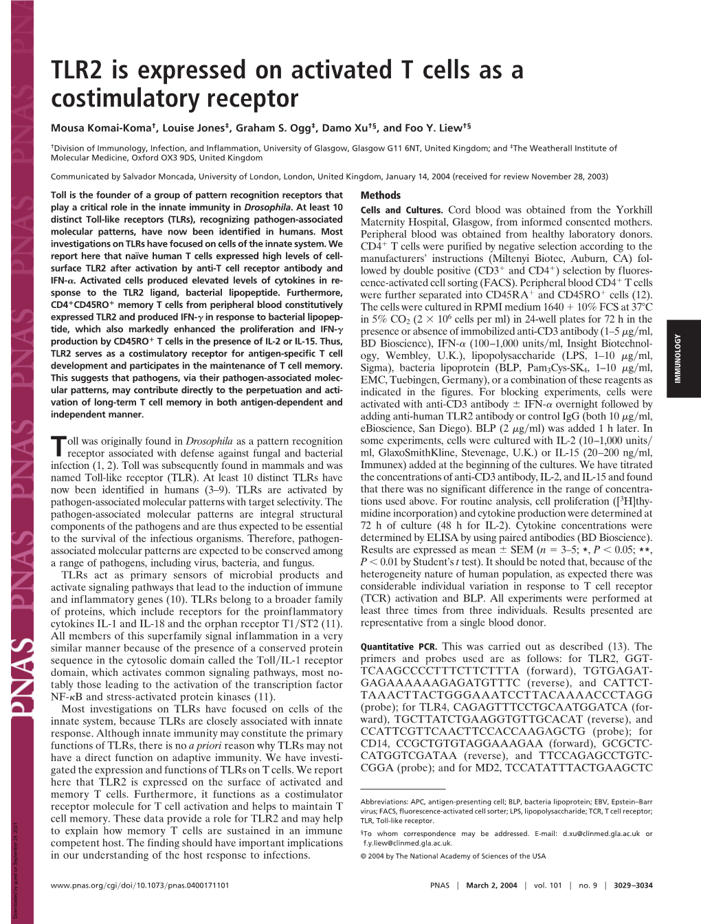 TLR2 Is Expressed on Activated T Cells As a Costimulatory Receptor