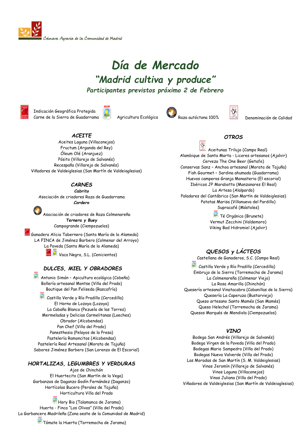 Día De Mercado “Madrid Cultiva Y Produce” Participantes Previstos Próximo 2 De Febrero
