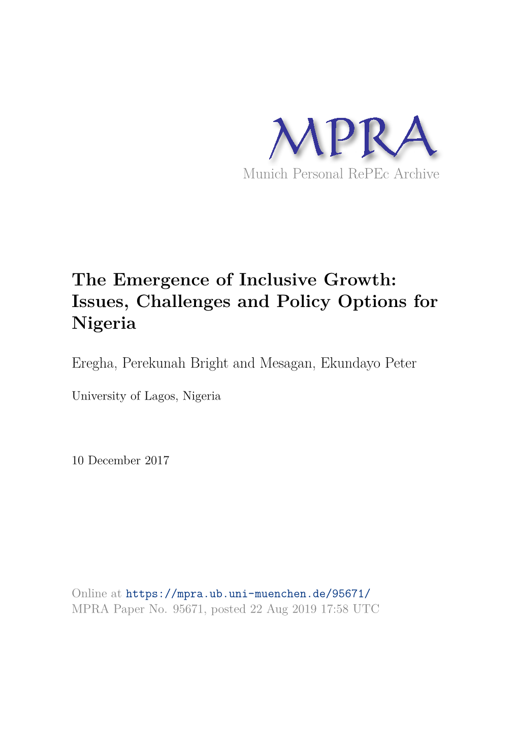 The Emergence of Inclusive Growth: Issues, Challenges and Policy Options for Nigeria