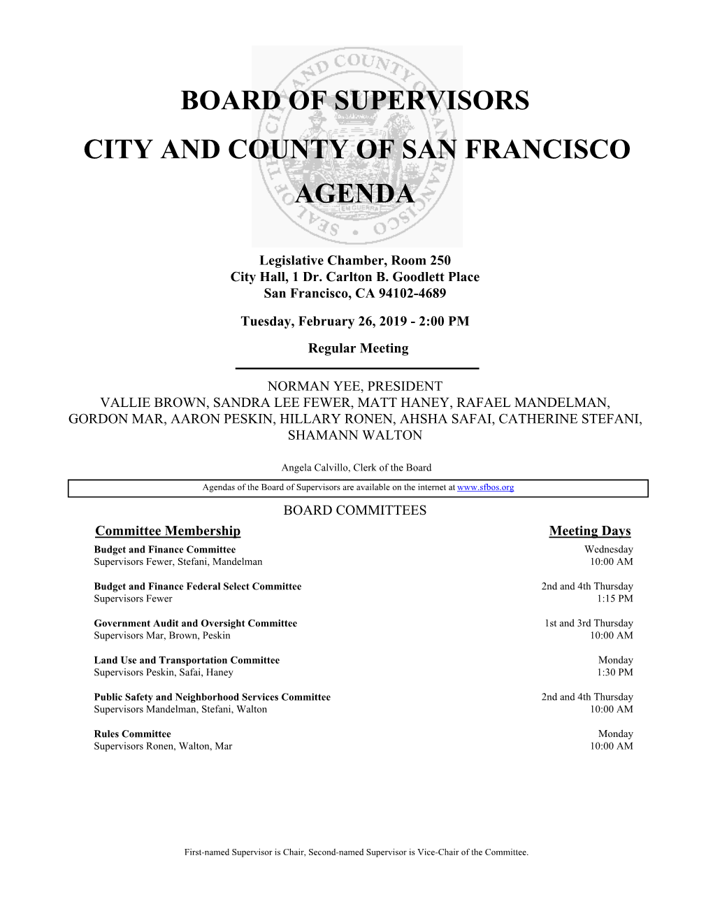 Board of Supervisors City and County of San Francisco Agenda