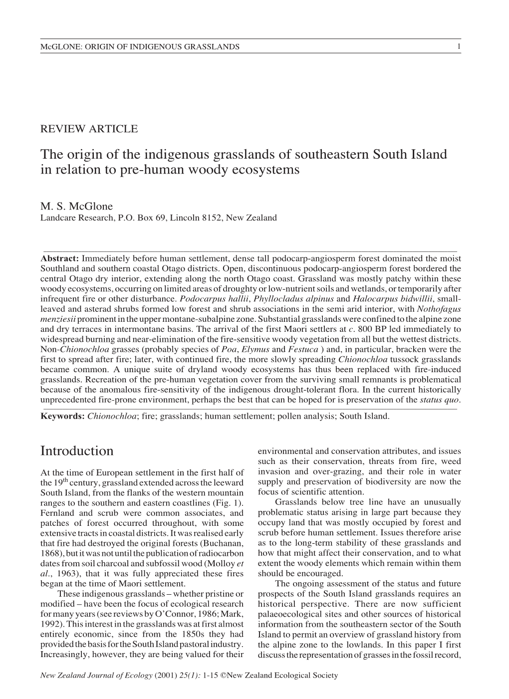 The Origin of the Indigenous Grasslands of Southeastern South Island in Relation to Pre-Human Woody Ecosystems