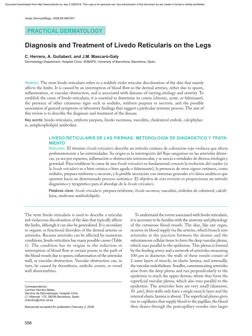 Diagnosis and Treatment of Livedo Reticularis on the Legs