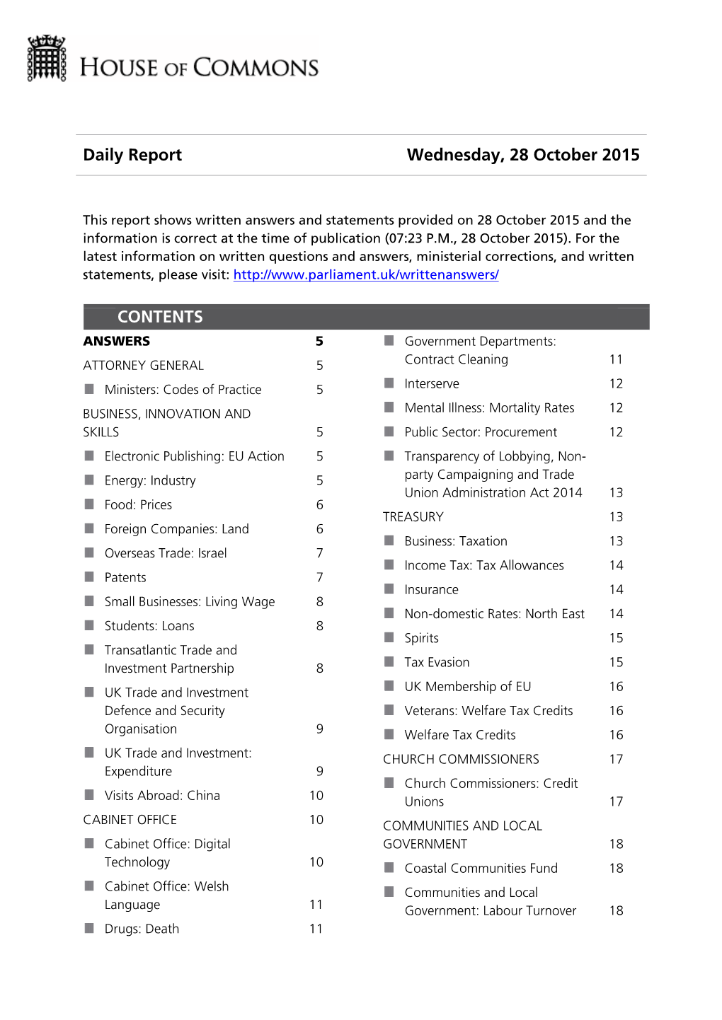 Daily Report Wednesday, 28 October 2015 CONTENTS