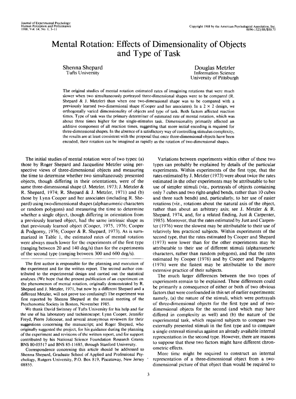 Mental Rotation: Effects of Dimensionality of Objects and Type of Task