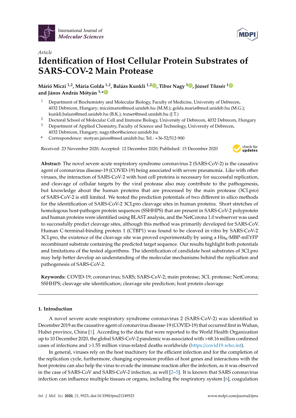 Identification of Host Cellular Protein Substrates of SARS-COV-2 Main Protease