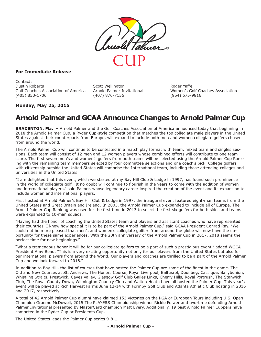 Arnold Palmer and GCAA Announce Changes to Arnold Palmer Cup