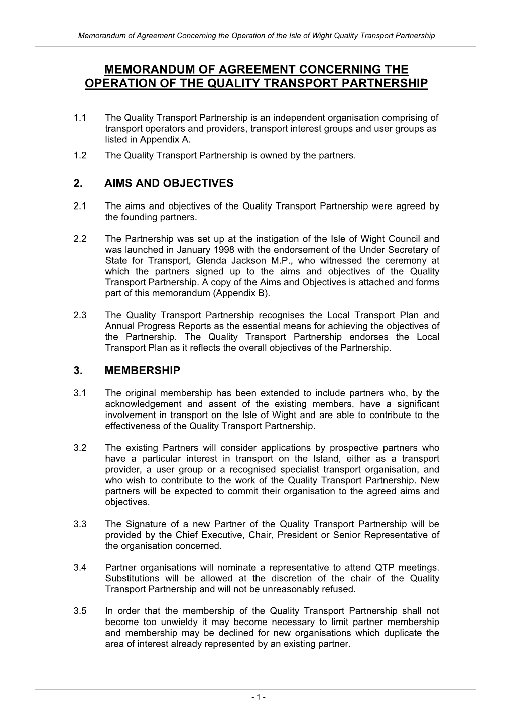 Memorandum of Agreement Concerning the Operation of the Isle of Wight Quality Transport Partnership