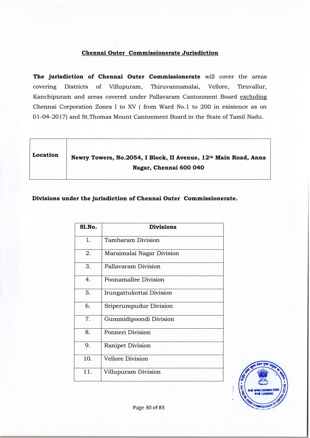 Chennai Outer Commissionerate Jurisdiction