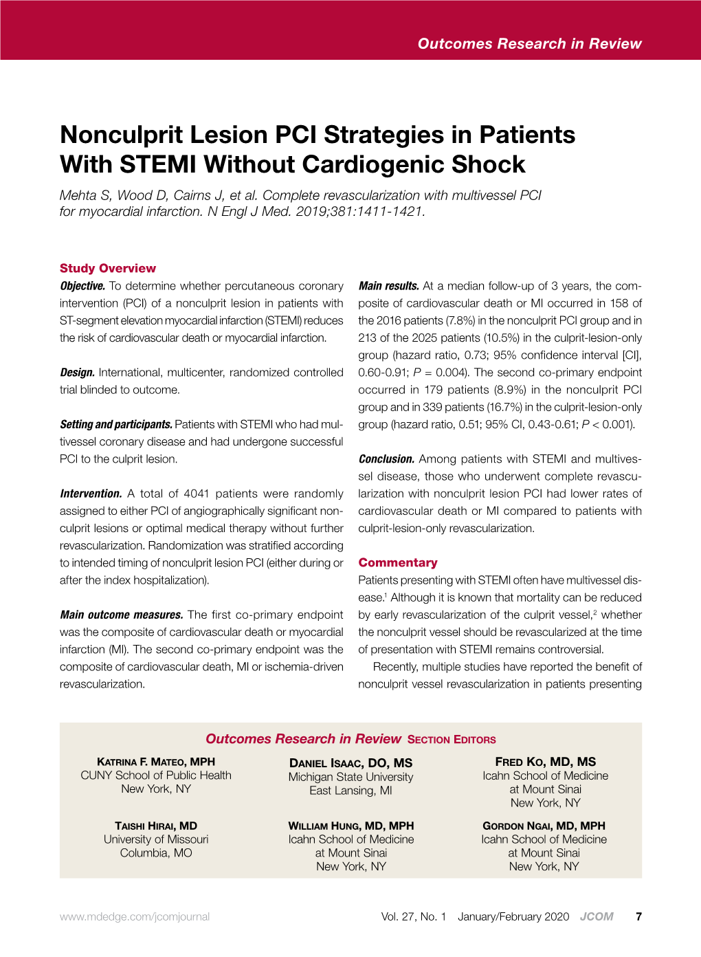 Nonculprit Lesion PCI Strategies in Patients with STEMI Without Cardiogenic Shock Mehta S, Wood D, Cairns J, Et Al