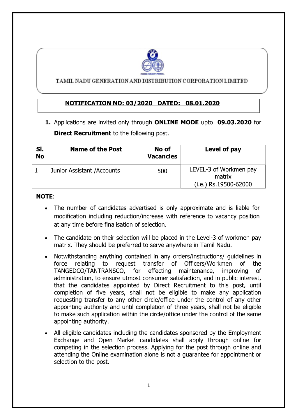NOTIFICATION NO: 03/2020 DATED: 08.01.2020 1. Applications Are