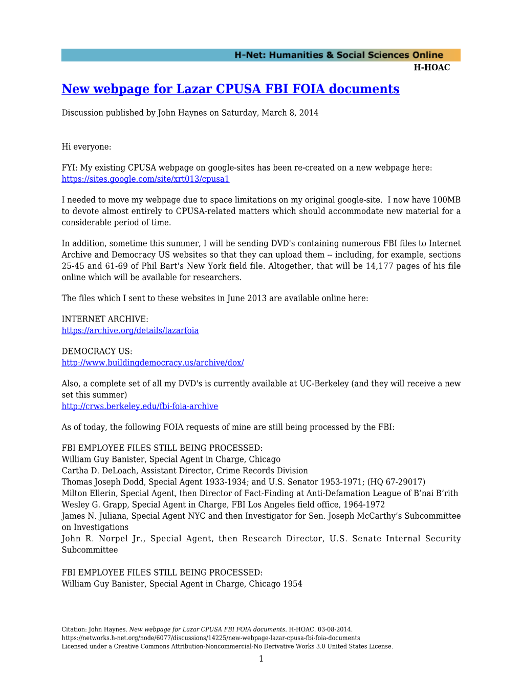 New Webpage for Lazar CPUSA FBI FOIA Documents