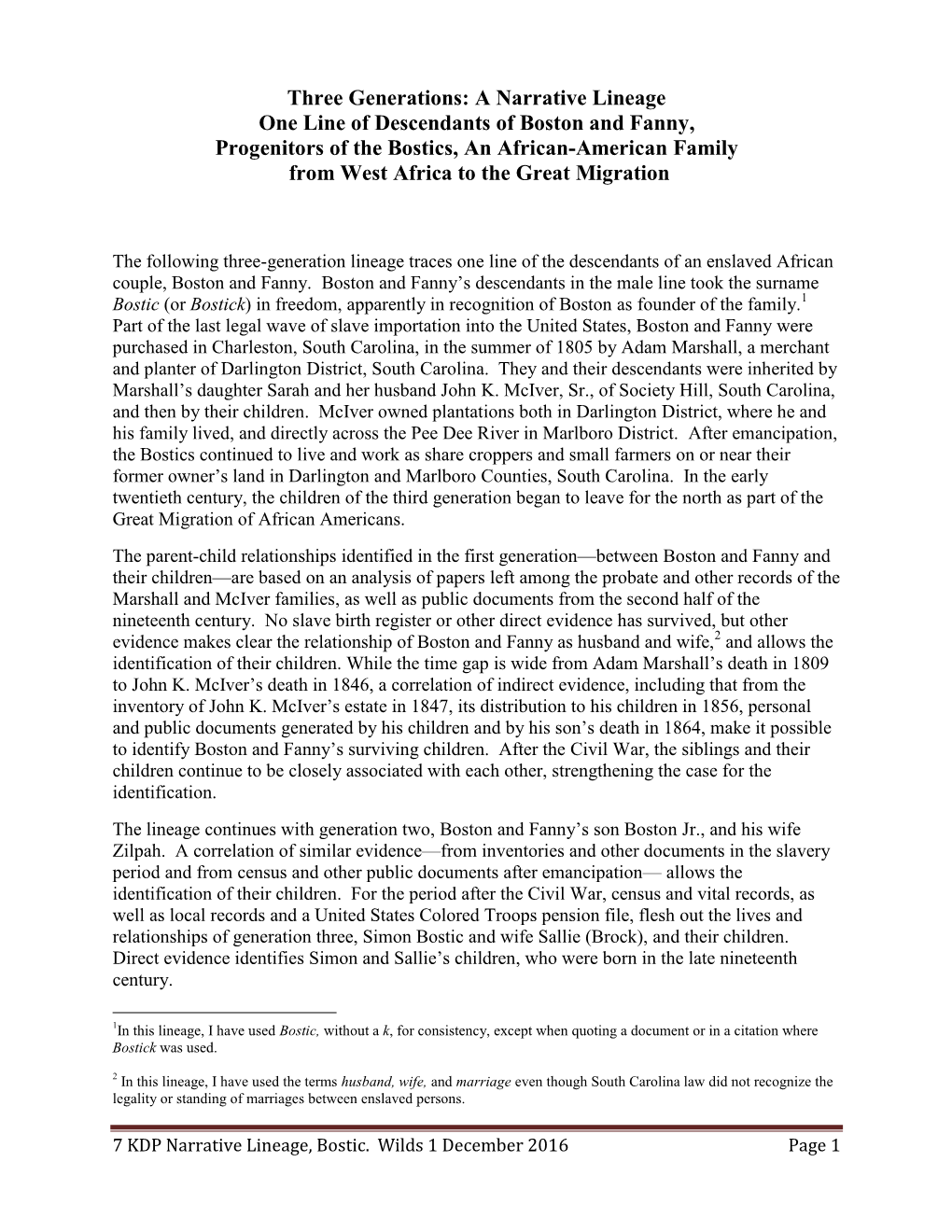 A Narrative Lineage One Line of Descendants of Boston and Fanny, Progenitors of the Bostics, an African-American Family from West Africa to the Great Migration