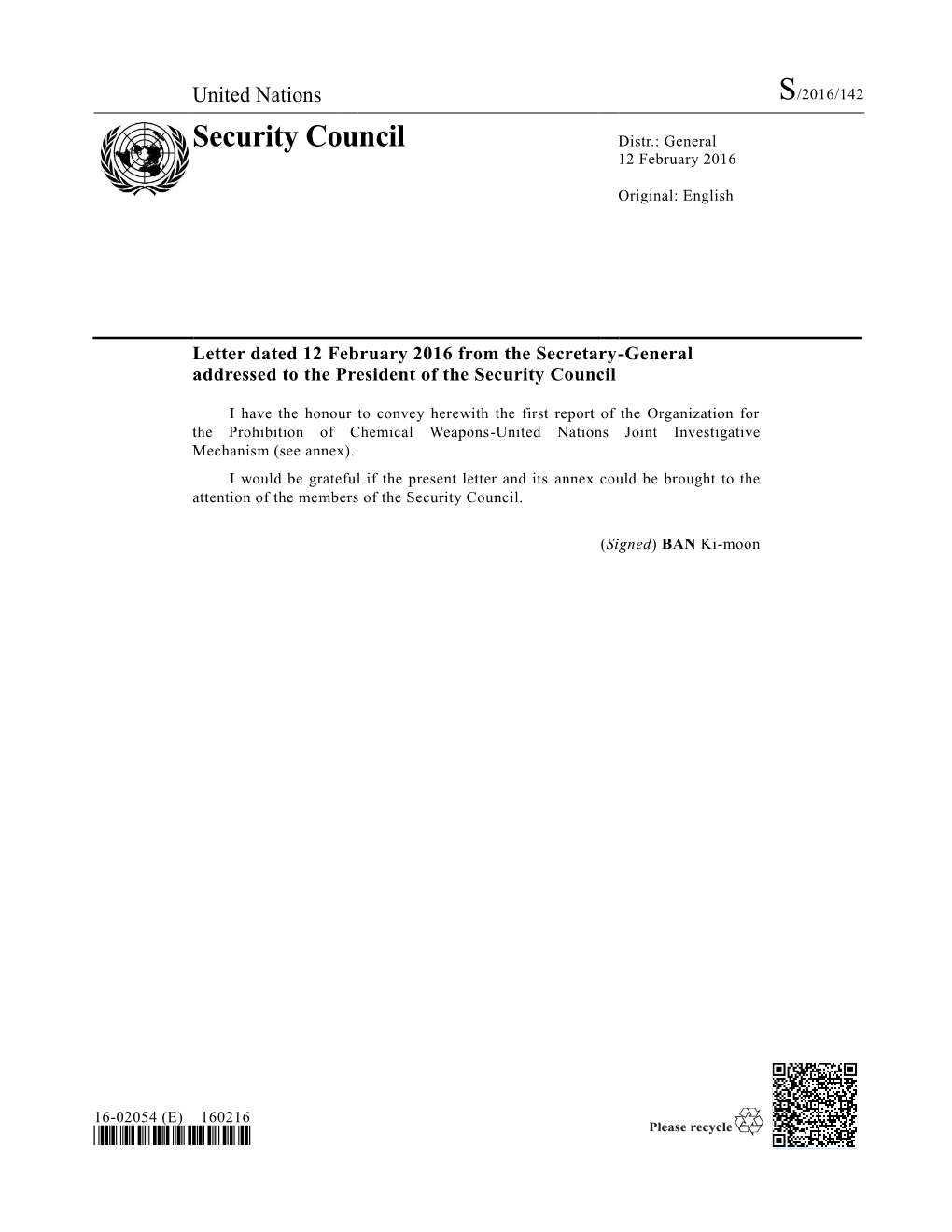 Report of the Organization for the Prohibition of Chemical Weapons-United Nations Joint Investigative Mechanism (See Annex)
