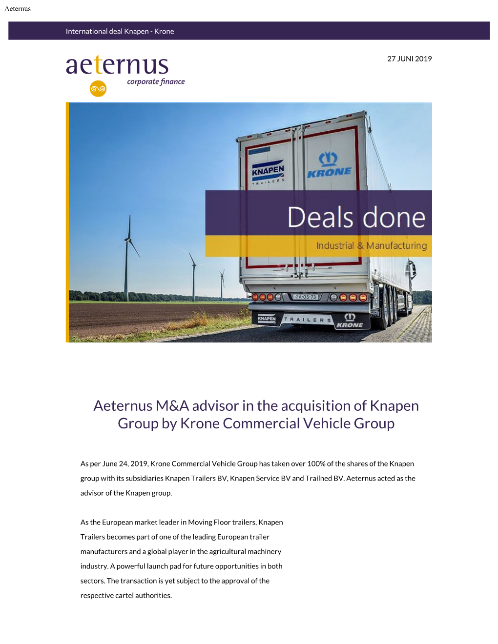 Aeternus M&A Advisor in the Acquisition of Knapen Group By