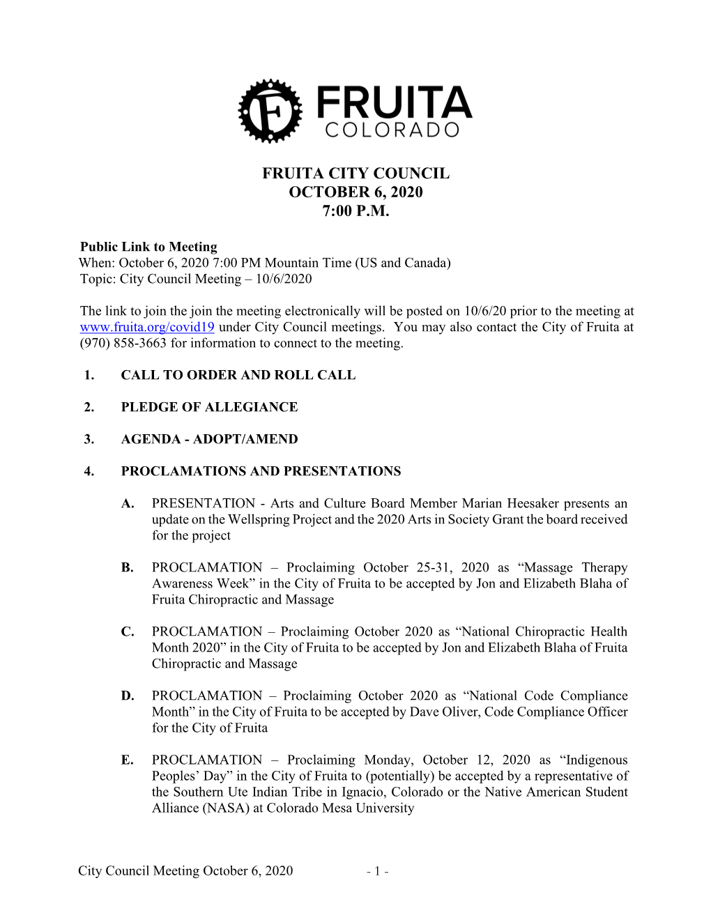 Fruita City Council October 6, 2020 7:00 P.M