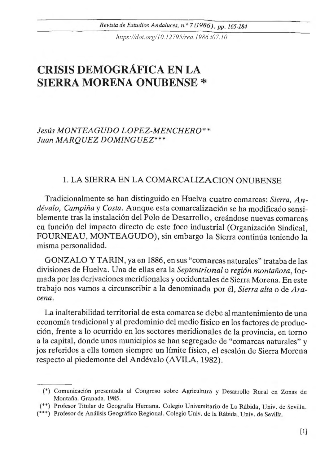 Crisis Demográfica En La Sierra Morena Onubense *