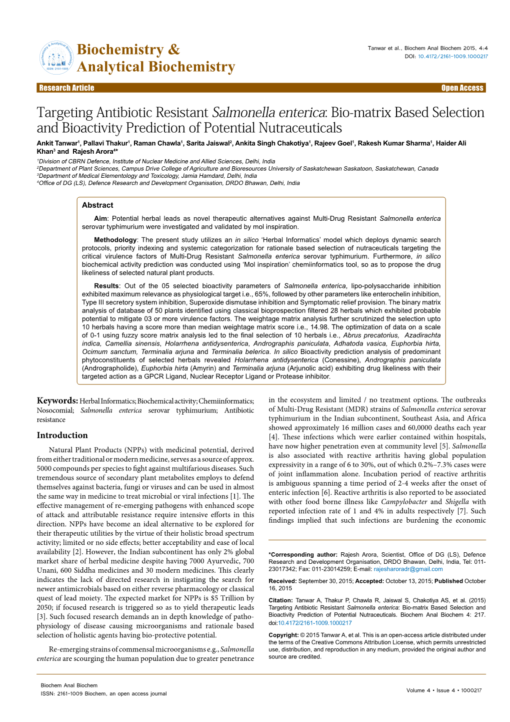 Targeting Antibiotic Resistant Salmonella Enterica: Bio-Matrix