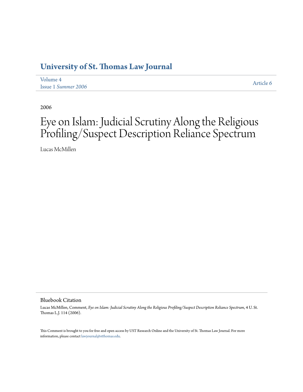Eye on Islam: Judicial Scrutiny Along the Religious Profiling/Suspect Description Reliance Spectrum Lucas Mcmillen