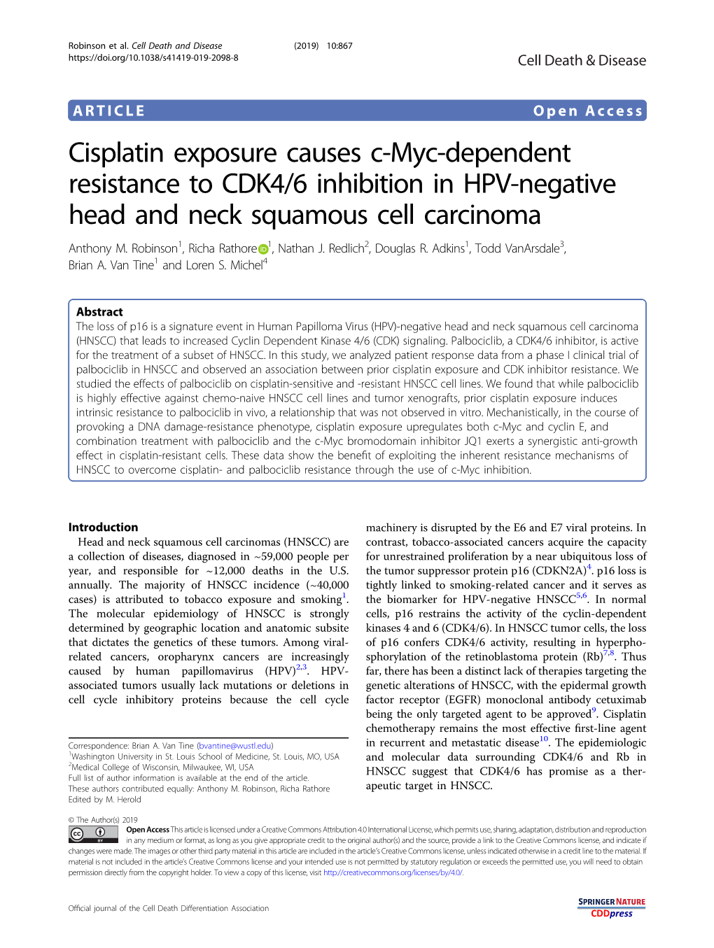 Cisplatin Exposure Causes C-Myc-Dependent Resistance to CDK4/6 Inhibition in HPV-Negative Head and Neck Squamous Cell Carcinoma Anthony M