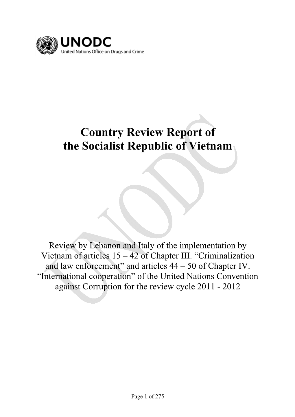 UNODC Country Review Report of the Socialist Republic of Vietnam 2011