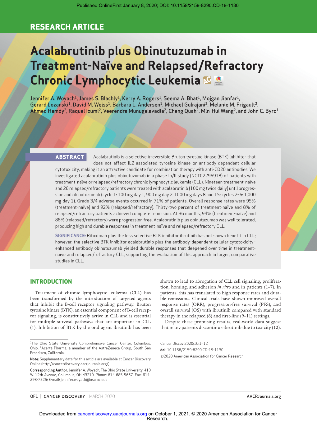 Acalabrutinib Plus Obinutuzumab in Treatment-Naïve and Relapsed/Refractory Chronic Lymphocytic Leukemia