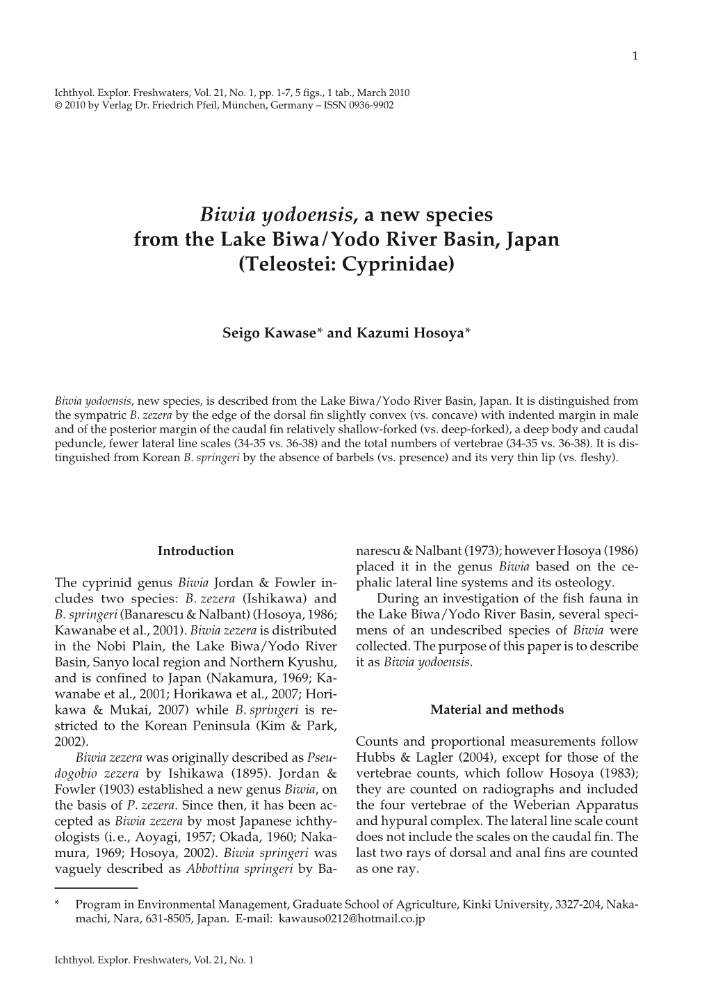 Biwia Yodoensis, a New Species from the Lake Biwa/Yodo River Basin, Japan (Teleostei: Cyprinidae)