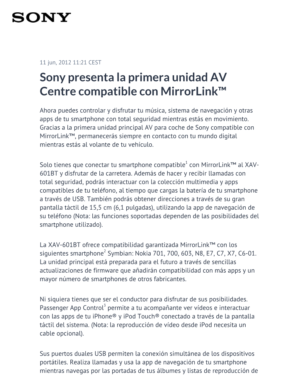 Sony Presenta La Primera Unidad AV Centre Compatible Con Mirrorlink™