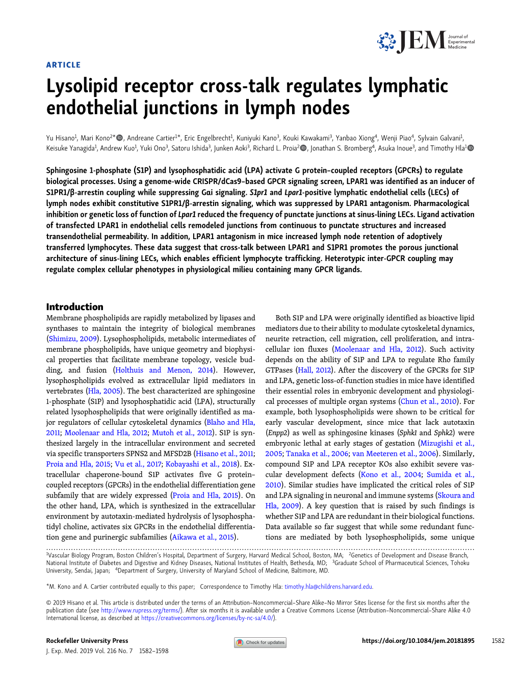 Lysolipid Receptor Cross-Talk Regulates Lymphatic Endothelial Junctions in Lymph Nodes