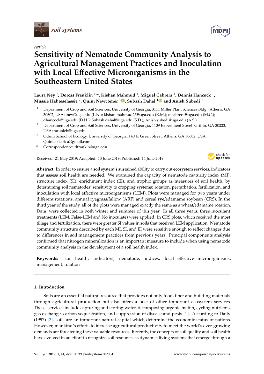 Sensitivity of Nematode Community Analysis to Agricultural Management Practices and Inoculation with Local Eﬀective Microorganisms in the Southeastern United States