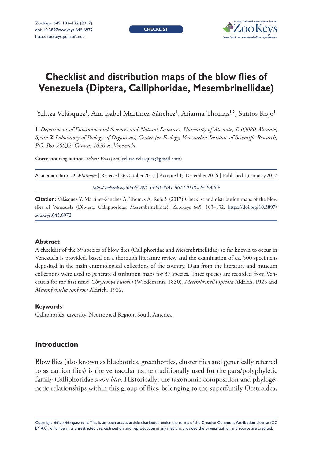 Checklist and Distribution Maps of the Blow Flies of Venezuela (Diptera, Calliphoridae, Mesembrinellidae)