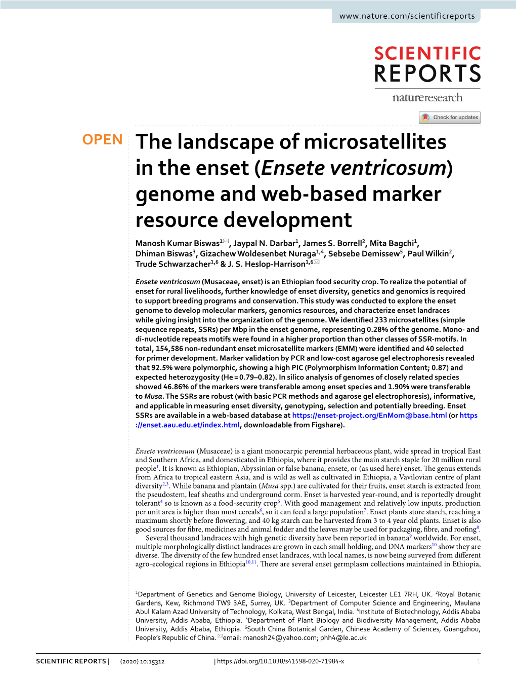 Ensete Ventricosum) Genome and Web‑Based Marker Resource Development Manosh Kumar Biswas1*, Jaypal N