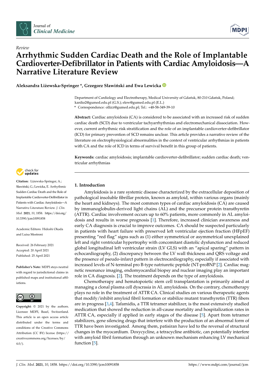 Arrhythmic Sudden Cardiac Death and the Role of Implantable Cardioverter-Defibrillator in Patients with Cardiac Amyloidosis—A Narrative Literature Review
