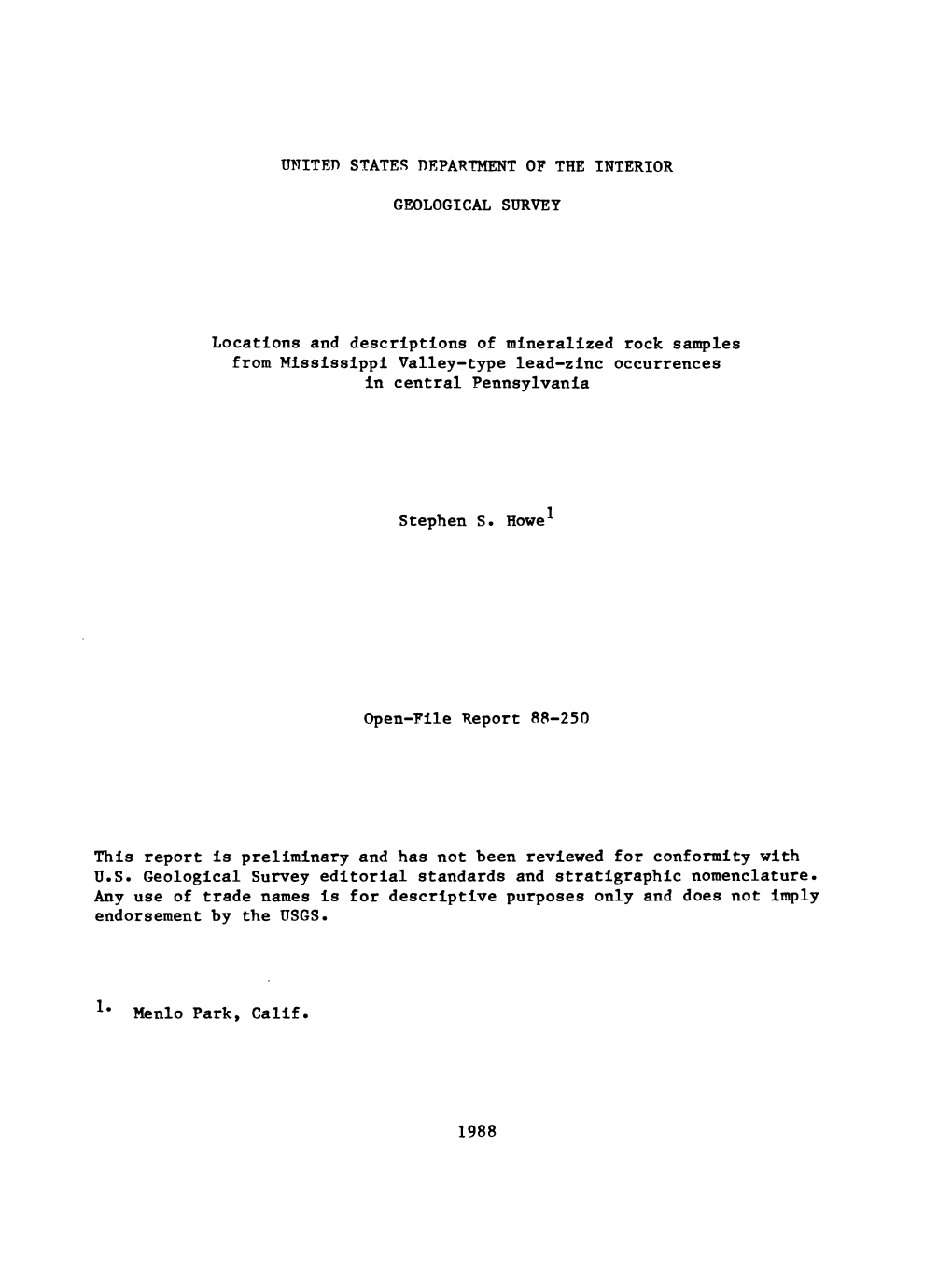 Locations and Descriptions of Mineralized Rock Samples from Mississippi Valley-Type Lead-Zinc Occurrences in Central Pennsylvania