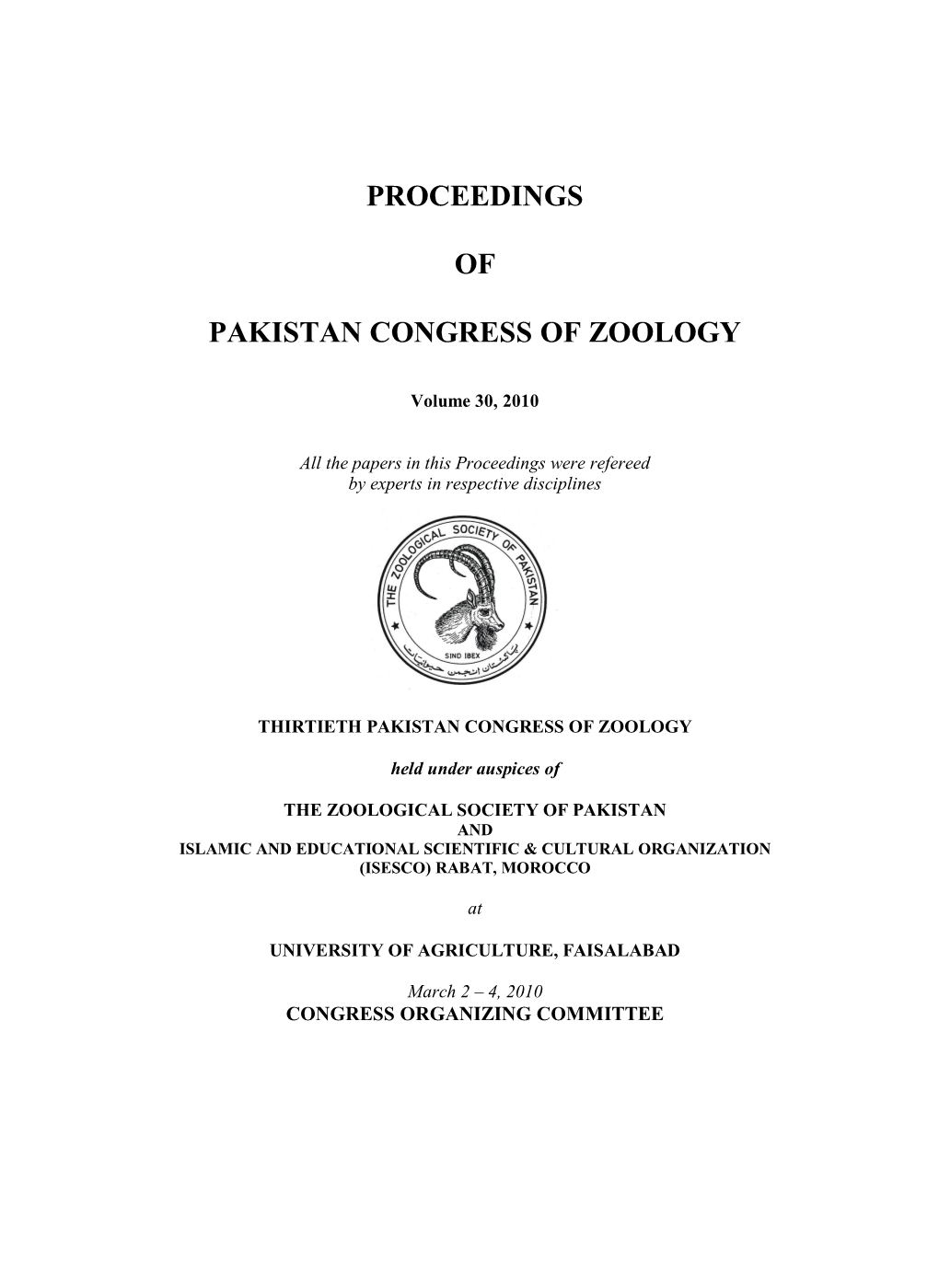 2010 " 30Th PAKISTAN CONGRESS of ZOOLOGY (INTERNATIONAL